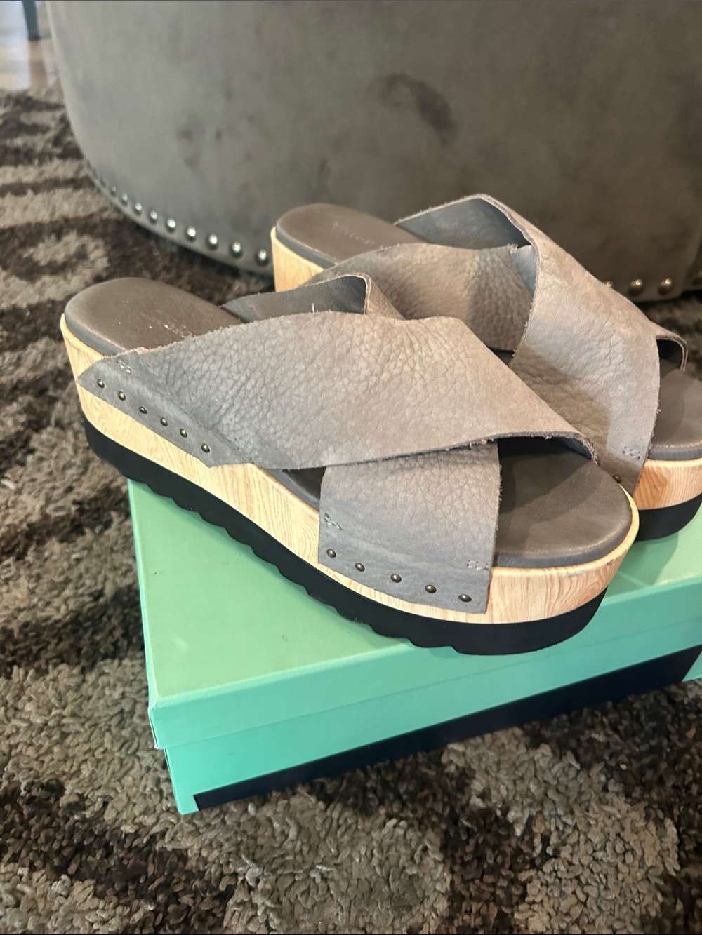 Antelope Taupe Crisscross Platform Mules